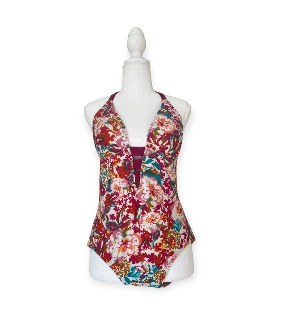 Mossimo Floral One Piece Halter Deep V-neck Open Back - Size M